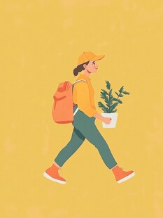 女孩背着包手持绿植前行