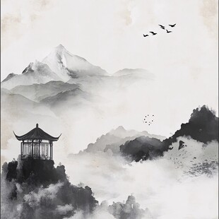 水墨山间亭 飞鸟入云景