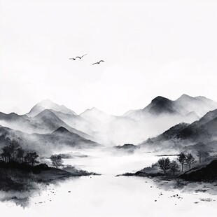 水墨山水间飞鸟越重峦