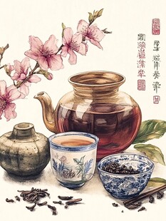 古风茶具与烂漫桃花图