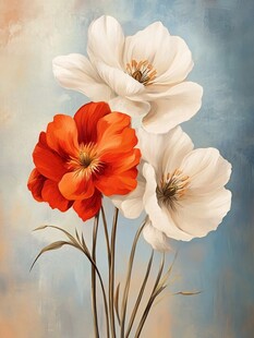 橙白花卉油画风静物图