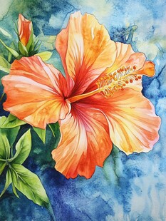 水彩绘橙红色木槿花