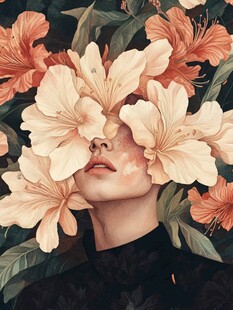花掩面容的神秘女性形象
