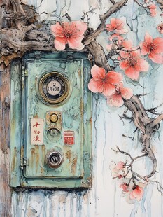 复古电表箱旁绽放的桃花