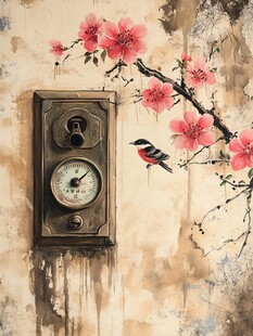 复古电表旁的花鸟景致