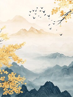 金秋山林飞鸟诗意景致