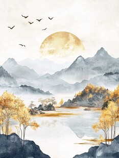 金秋山水间飞鸟伴月景