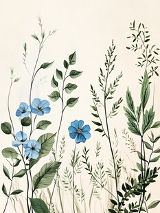 蓝花绿植田园风插画