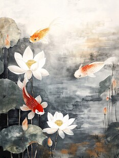 水墨荷花锦鲤图