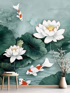 中式荷花锦鲤背景墙装饰