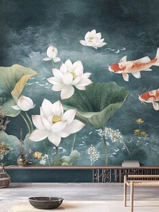 中式荷花锦鲤背景墙装饰