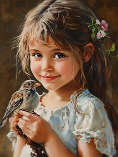 小女孩与小鸟的温馨瞬间