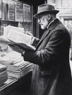 老人专注阅读街边报刊