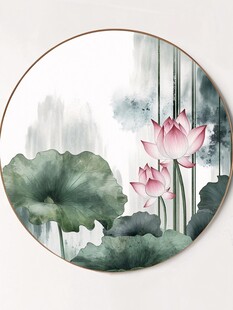 圆形水墨荷花装饰画