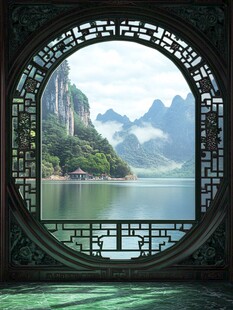 中式圆窗望山水美景