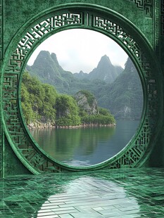 翠玉圆窗映山水美景