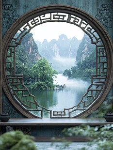 中式圆窗望山水诗意景