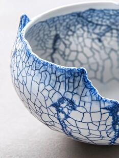 蓝白裂纹破损陶瓷碗