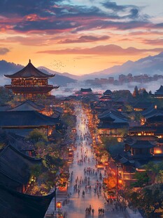 古风城镇黄昏繁华景象