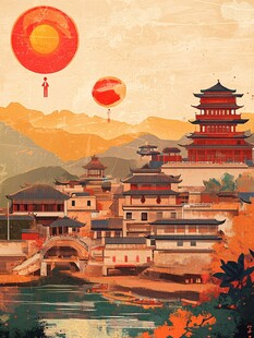 古风小镇挂红灯笼美景