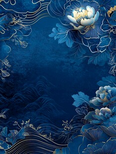 蓝调国风花卉海浪背景图
