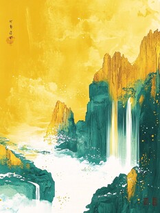金色山水间的梦幻瀑布
