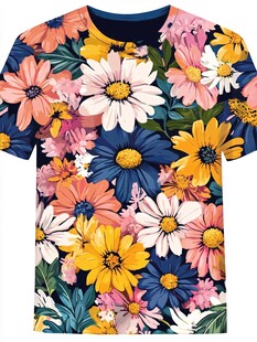多彩花卉图案短袖T恤