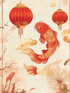 红灯笼下跃动的吉祥锦鲤