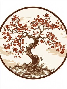 中式古风圆形繁花古树图