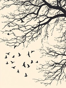 枯树枝头飞鸟图