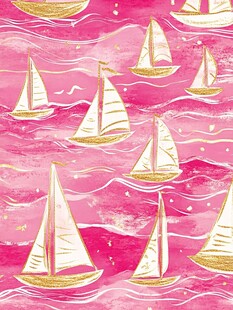 粉色海面上的金色帆船图案