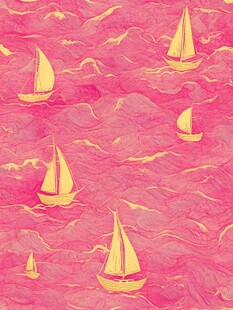粉色背景上的金色帆船图案