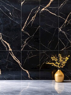 黑金大理石墙面与金色花瓶