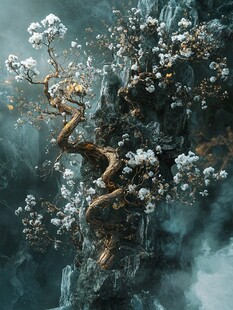 奇幻崖壁繁花古树景观