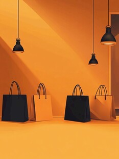 橙调空间里的时尚购物袋