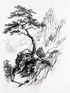 悬崖劲松水墨素描图