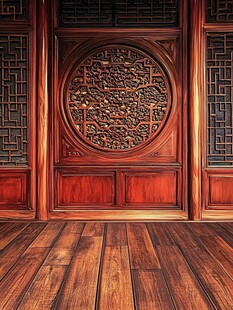 中式雕花木门与木地板