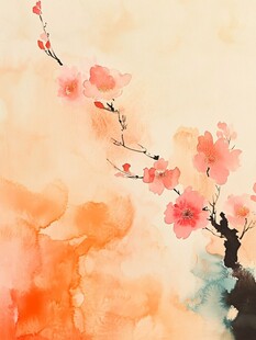 水墨绘桃花枝韵