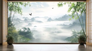 中式山水竹景玄关画面