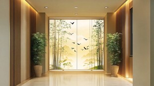 中式走廊 窗景绿植飞鸟意韵