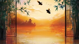 夕阳竹林飞鸟诗意美景