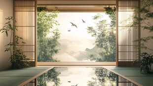 日式禅意茶室窗外自然景