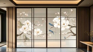 中式花鸟玻璃隔断装饰画