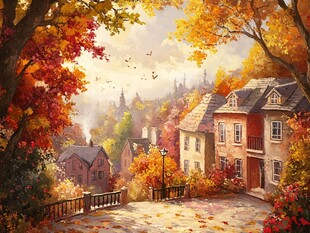 秋日浪漫小镇风景画卷