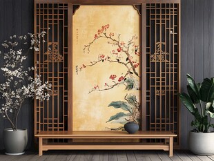 中式屏风上的雅致花鸟画