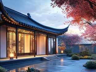 中式庭院黄昏静谧之景