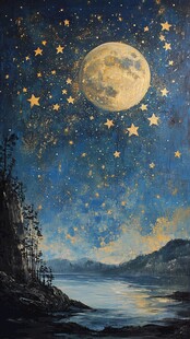 月夜湖畔星空梦幻景象