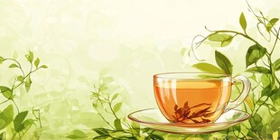 清新绿植旁的一杯热茶