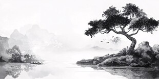 水墨孤松映山水意境图