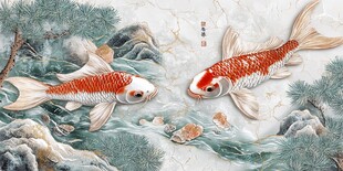 双鲤戏游于山水松景间